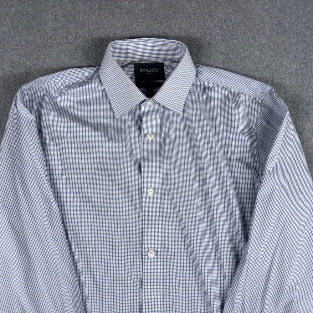 Bonobos Dress‎ Shirt Mens 16 35 Blue Check Stretch Slim Tailored Fit